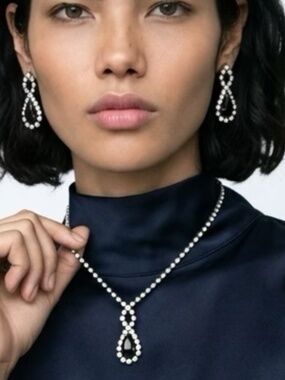 Black and Clear Rhinestone Necklace and Pierced Earring Set